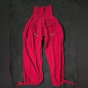 Elegant Red Smocked Waist Drawstring Ankle Pants